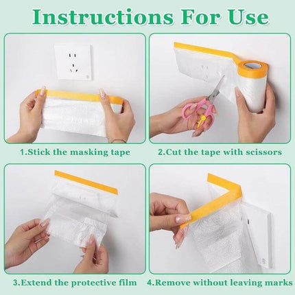 Dustproof Masking Film for Furniture and Walls 55cm x 20m - instructional collage showing tape stuck, cut, extended and removed without marks
