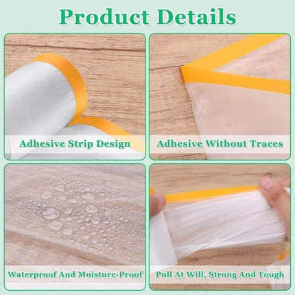 Dustproof Masking Film for Furniture and Walls 55cm x 20m - roll showing adhesive strip, waterproof PE film and easy peel masking for painting protection