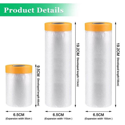 Dustproof Masking Film for Furniture and Walls 55cm x 20m roll showing three sizes with orange tape top and dimensions