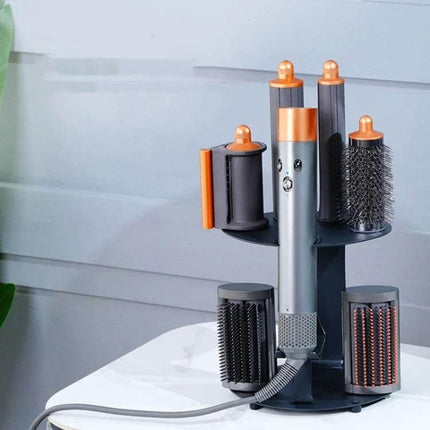 Dyson Airwrap Storage Rack for Desktop and Wall Mount Bracket holding curling iron and six accessories on bathroom countertop