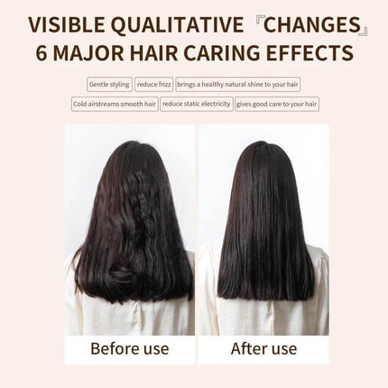 Dyson Hair Dryer Straight Nozzle Attachment With Magnetic Clip showing before and after hair smoothing results, reduced frizz and shine