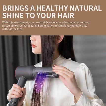 Dyson Hair Dryer Straight Nozzle Attachment With Magnetic Clip shown smoothing long hair with heat-resistant anti-scalding shell
