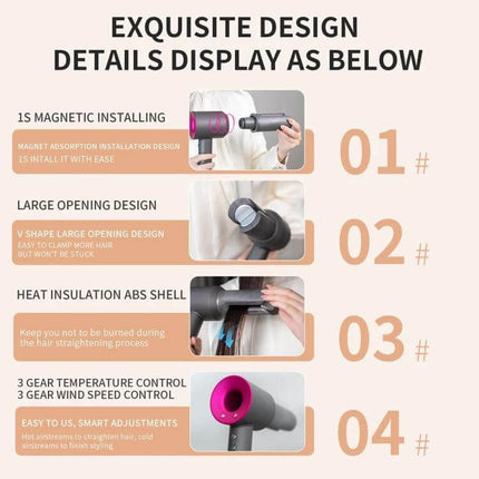 Dyson Hair Dryer Straight Nozzle Attachment With Magnetic Clip showing magnetic install, V-shaped large opening, heat-insulation shell and 3-gear controls