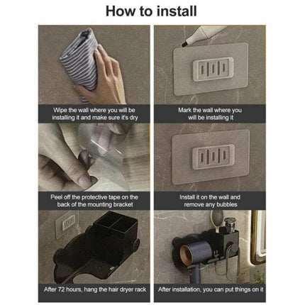 Dyson Hair Dryer Wall Mounted Holder And Shelf For Bathroom showing drill-free installation steps and final mounted dryer rack