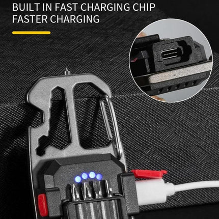E-SMARTER Mini Bright Light Portable Flashlight Black showing magnetic back, USB-C charging port, LED power indicators, and multi-tool hook attachment