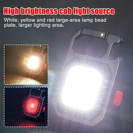 E-SMARTER Mini Keychain Flashlight With COB LED For Daily Use showing bright white COB light, red indicator, magnetic back and folding hook