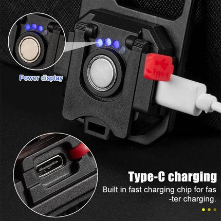 E-SMARTER Mini Keychain Flashlight With COB LED For Daily Use showing magnetic back, Type-C charging port and battery power display