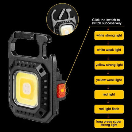 E-SMARTER Mini Keychain Flashlight With COB LED For Daily Use compact aluminum keychain light showing COB LED, side switch and mode guide