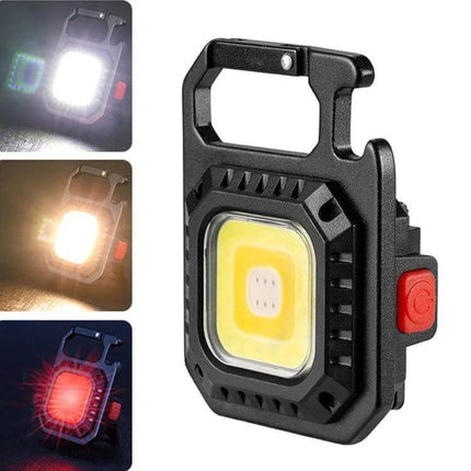 E-SMARTER Mini Keychain Flashlight With COB LED For Daily Use showing compact aluminum alloy body, red power button, magnetic back and folding bracket