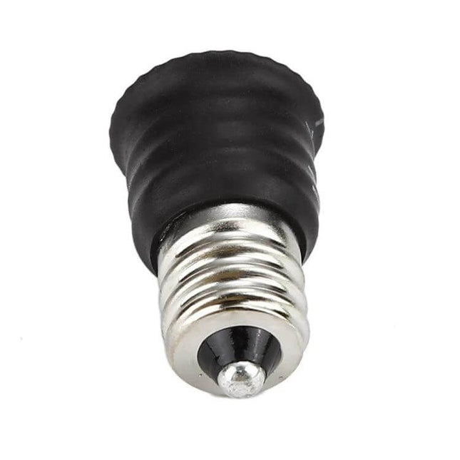 Alt Tag: E12 To E14 Socket Adapter For LED Lamps 10 Pcs Set close-up of a single black E12 to E14 socket converter showing metal screw base and rubberized body