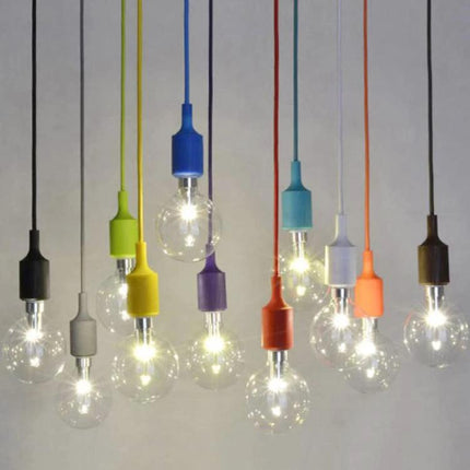 E27 Lamp Holder Silicone Base Socket 1m Black Cable hanging pendant with colorful silicone sockets and lit bulbs, clean ceiling installation