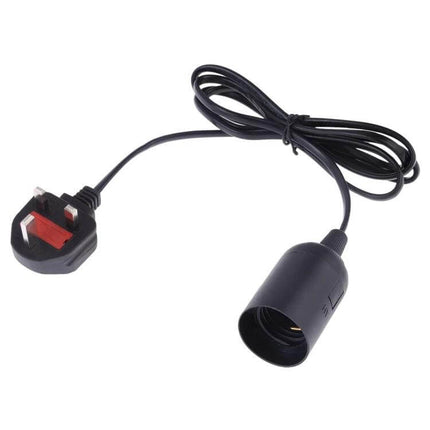 E27 Lamp Holder With Extension Cable - Universal Plug Types compact black screw-in socket with UK plug and cable