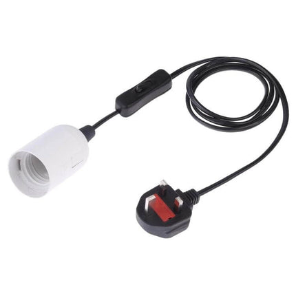 E27 Lamp Holder With On Off Switch For Home Lighting 1.5m Cable - white PET socket with inline switch and 1.5m black cable, UK plug