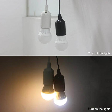 E27 Lamp Holder With On Off Switch For Home Lighting 1.5m Cable hanging white and black holders shown off and on with LED bulbs