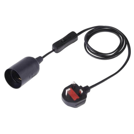 E27 Lamp Holder With On Off Switch For Home Lighting 1.5m Cable - black pendant holder with inline switch and UK plug for DIY and task lighting