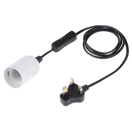 E27 Lamp Holder With On Off Switch For Home Lighting 1.5m Cable - white PET holder with inline switch and 1.5m black cable and UK plug