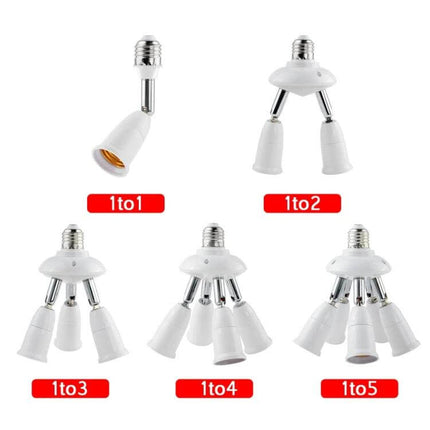 E27 Splitter Adapter 5 In 1 For Lamp Bulb Holder Socket showing 1to1, 1to2, 1to3, 1to4 and 1to5 E27 socket configurations