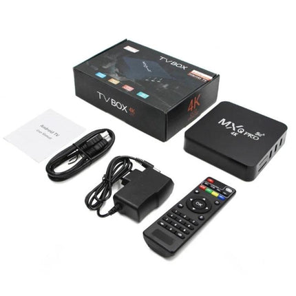 Compact Android TV Box for Streaming HD Movies and Shows shown with remote, power adapter, HDMI cable and packaging