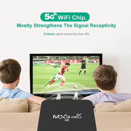 Compact Android TV Box for Streaming HD Movies and Shows with 5G WiFi chip displaying soccer match on TV