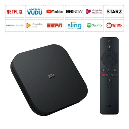 Xiaomi 4K HDR Google TV Streaming Media Player with remote showing popular apps like Netflix, YouTube, HBO and Spotify in 4K HDR