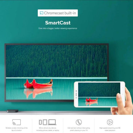Xiaomi 4K HDR Google TV Streaming Media Player showing SmartCast mirror screen streaming from smartphone to TV with Chromecast built-in