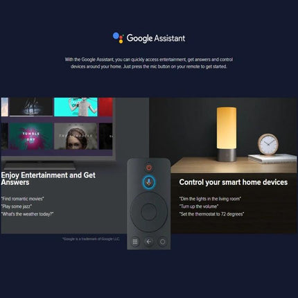 Xiaomi 4K HDR Google TV Streaming Media Player remote and Google Assistant screen showing entertainment and smart home controls