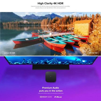 Xiaomi 4K HDR Google TV Streaming Media Player showing 4K HDR lake scene on TV with streaming device and Dolby audio branding