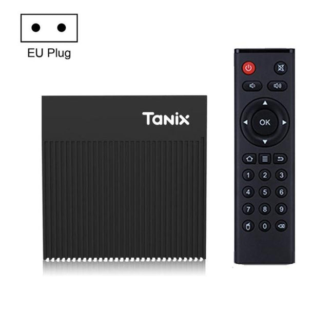 Tanix X4 Android 11 Smart TV Box for Media Streaming — compact black TV box with remote and EU plug