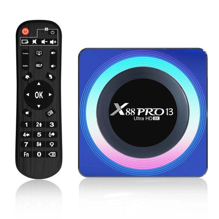 Compact Android Smart TV Box with Remote for Streaming Media - blue X88 Pro13 TV box and black remote for HD streaming