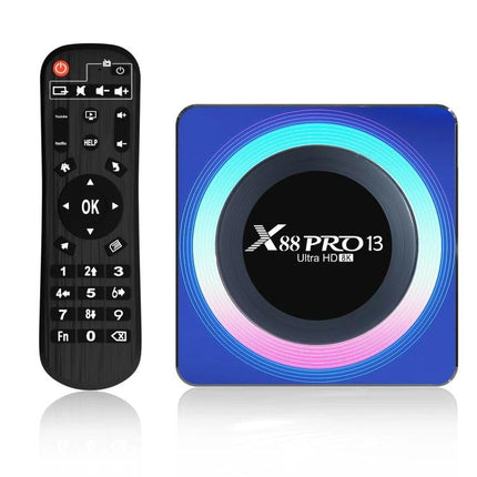 Compact Android Smart TV Box with Remote for Streaming Media - blue X88 Pro 13 box and black remote control