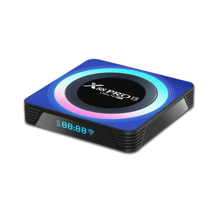 Compact Android Smart TV Box with Remote for Streaming Media - blue square TV box with LED display and included remote control