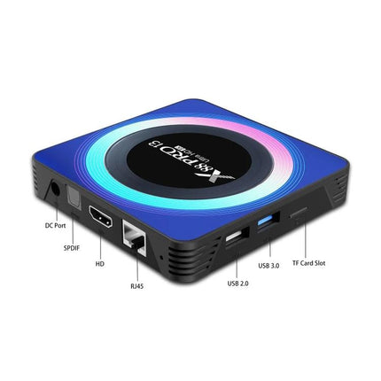 Compact Android Smart TV Box with Remote for Streaming Media showing ports (HDMI, USB, RJ45) and included remote-ready compact design