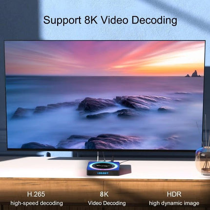 Compact Android Smart TV Box with Remote for Streaming Media showing streaming 8K video on a TV with included remote and compact design
