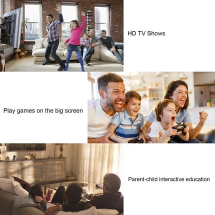 Compact Android Smart TV Box with Remote for Streaming Media family enjoying HD shows, gaming and parent-child interactive education on big screen