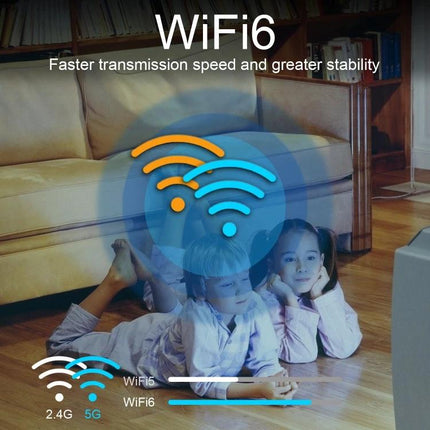 Compact Android Smart TV Box with Remote for Streaming Media shown in living room with WiFi6 icon and children watching TV