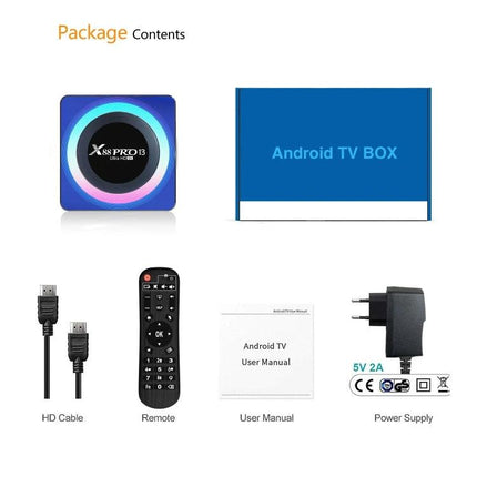 Compact Android Smart TV Box with Remote for Streaming Media showing box, remote, HDMI cable, power adapter and user manual