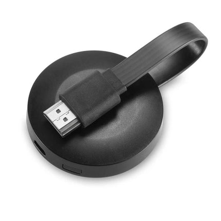 MiraScreen G2 Wireless HDMI Dongle for TV Streaming Devices black round dongle with short HDMI cable, 1080P wireless screen mirroring