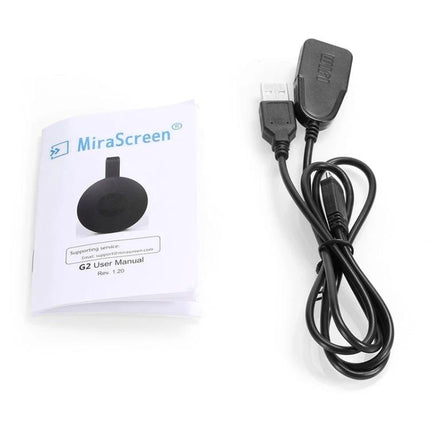 MiraScreen G2 Wireless HDMI Dongle for TV Streaming Devices with USB power cable and user manual, compact 1080P wireless HDMI adapter