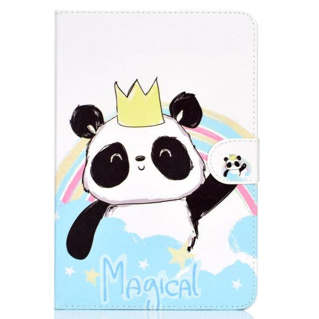 PU Leather Flip Case with Holder for 7-8 Inch Tablets featuring cute panda crown design, magnetic strap and hands-free stand