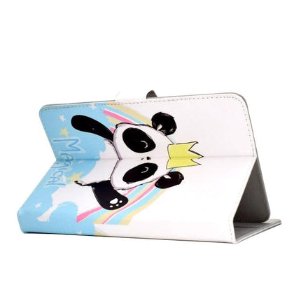 PU Leather Flip Case with Holder for 7-8 Inch Tablets featuring panda crown print, stand function for hands-free viewing