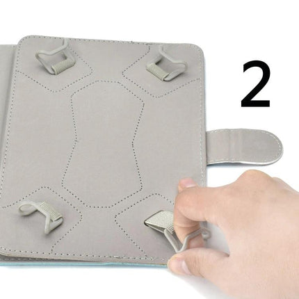 PU Leather Flip Case with Holder for 7-8 Inch Tablets showing elastic corner straps and adjustable holder for hands-free viewing