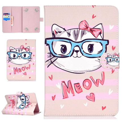 PU Leather Flip Case with Holder for 7-8 Inch Tablets Cute Pink Cat Design With Glasses And Bow