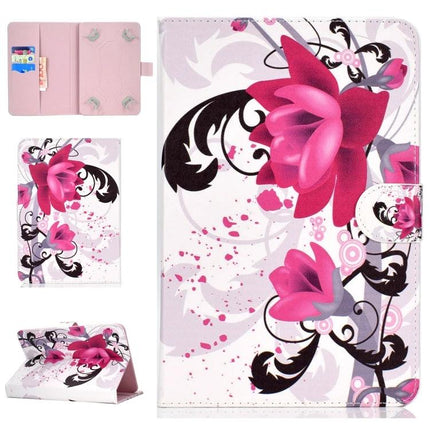 PU Leather Flip Case with Holder for 7-8 Inch Tablets with pink floral design, card slots and stand for hands-free viewing