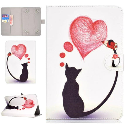 PU Leather Flip Case with Holder for 7-8 Inch Tablets featuring white case with black cat and red heart sketch design