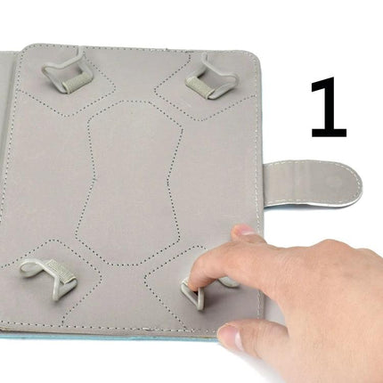 PU Leather Flip Case with Holder for 10-Inch Tablets showing corner straps and magnetic closure being adjusted by hand