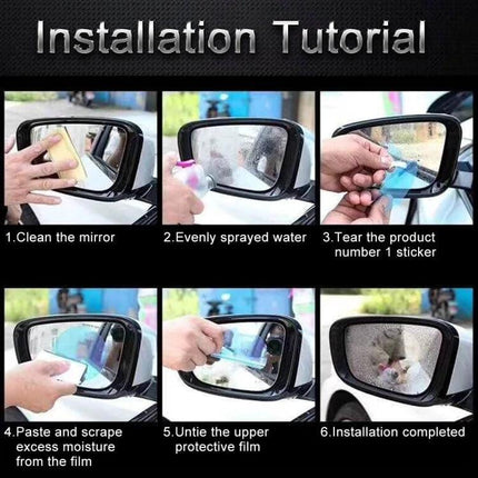 Waterproof Anti-Fog Protective Film for Car Rearview Mirrors installation tutorial showing cleaning, spraying, applying and smoothing film on side mirror