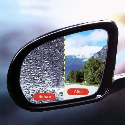 Mazda Rearview Mirror Protective Film with Anti-Fog Coating applied showing clear after vs foggy before view