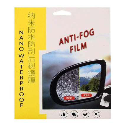 Anti-Fog Waterproof Protective Film for Car Rearview Mirrors on packaging showing treated vs untreated side of a car side mirror