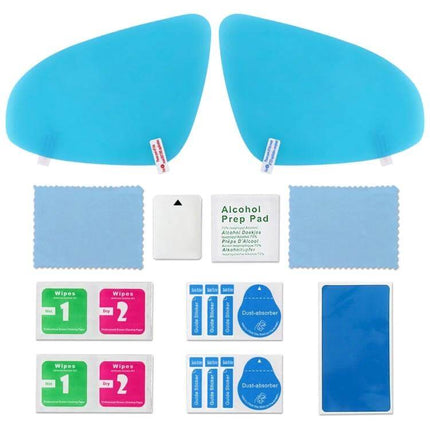Clear Anti-Fog Waterproof Rearview Mirror Protective Film for Cars - blue PET nano-coating kit with wipes, alcohol pad, dust stickers, and microfiber cloths