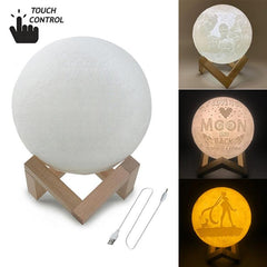 Personalized 3D Printed Moon Lamp with 3-Color Touch Control, USB Rechargeable LED Night Light & Wooden Base